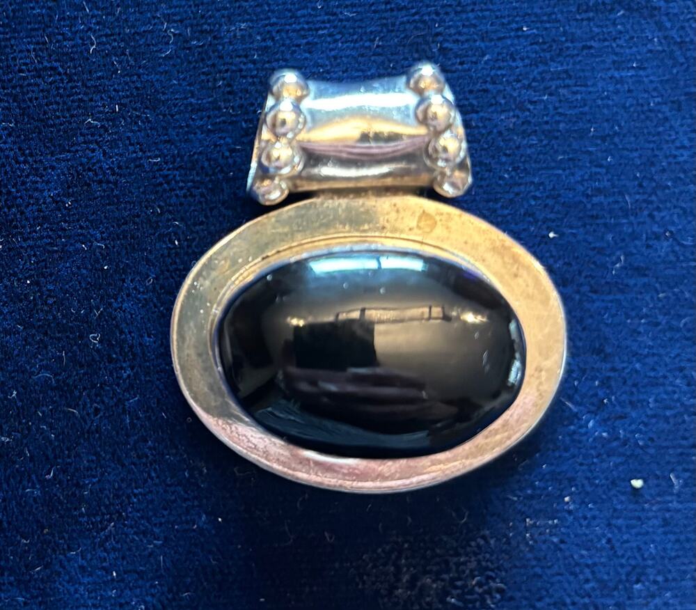 Vintage Black Onyx Cabochon Sterling Silver Slide Pendant Mexico 18g Modernist